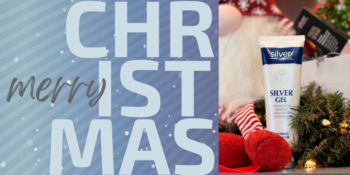 Merry Christmas text on a blue background with a tube of Silver Gel in a festive setting.