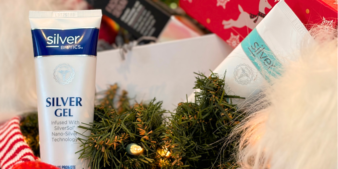 Tube of Silver Gel with a Christmas-themed background