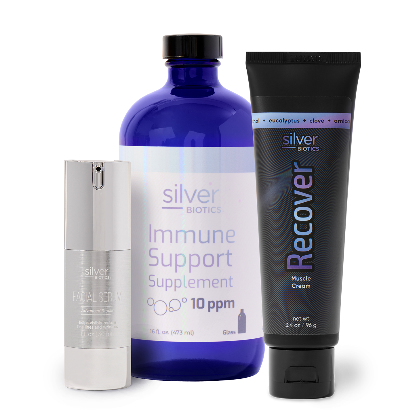 Collection of Silver Biotics products including a supplement, cream, and serum on a white background
