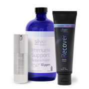 Collection of Silver Biotics products including a supplement, cream, and serum on a white background