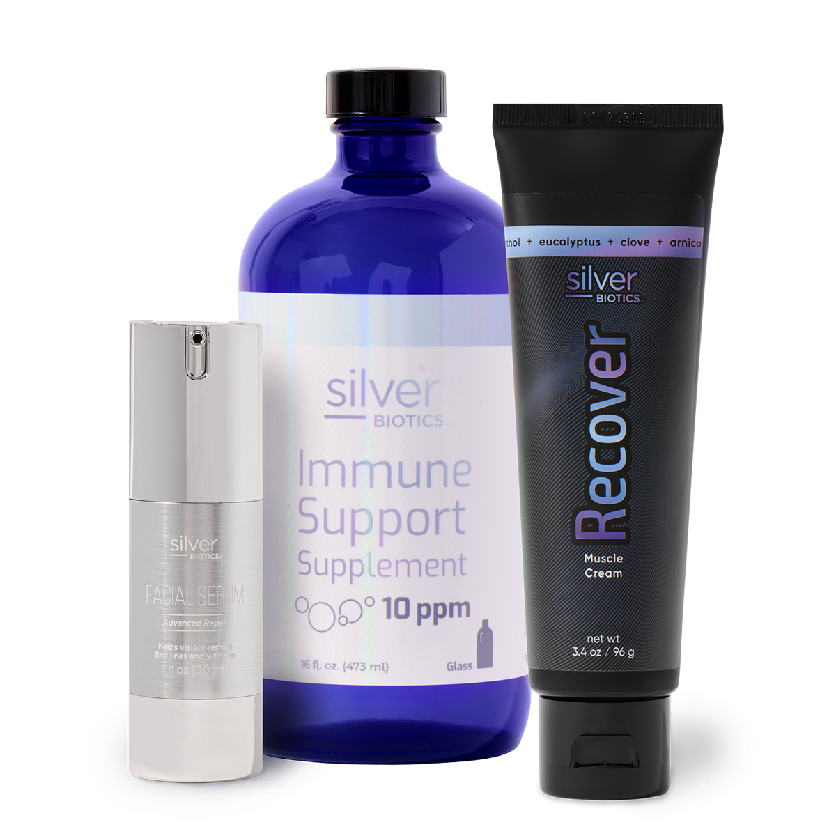 Collection of Silver Biotics products including a supplement, cream, and serum on a white background