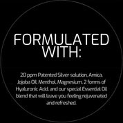 Black circle with white text listing ingredients used in a product.