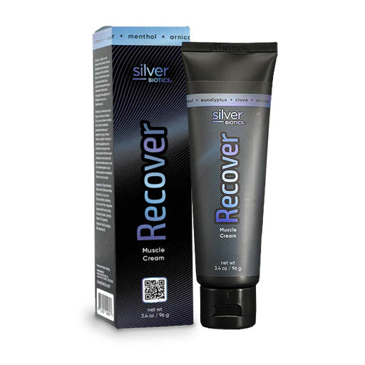 Silver Biotics Recover Muscle Cream with packaging on a white background