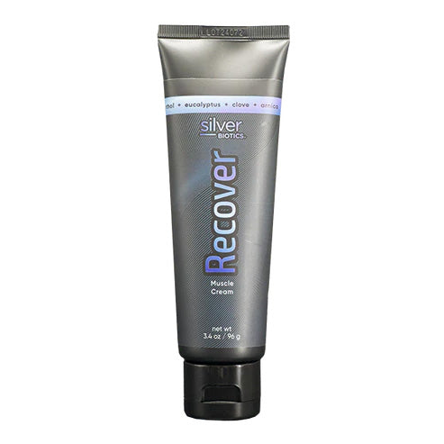 Tube of Silver Biotics Recover Muscle Cream on a white background